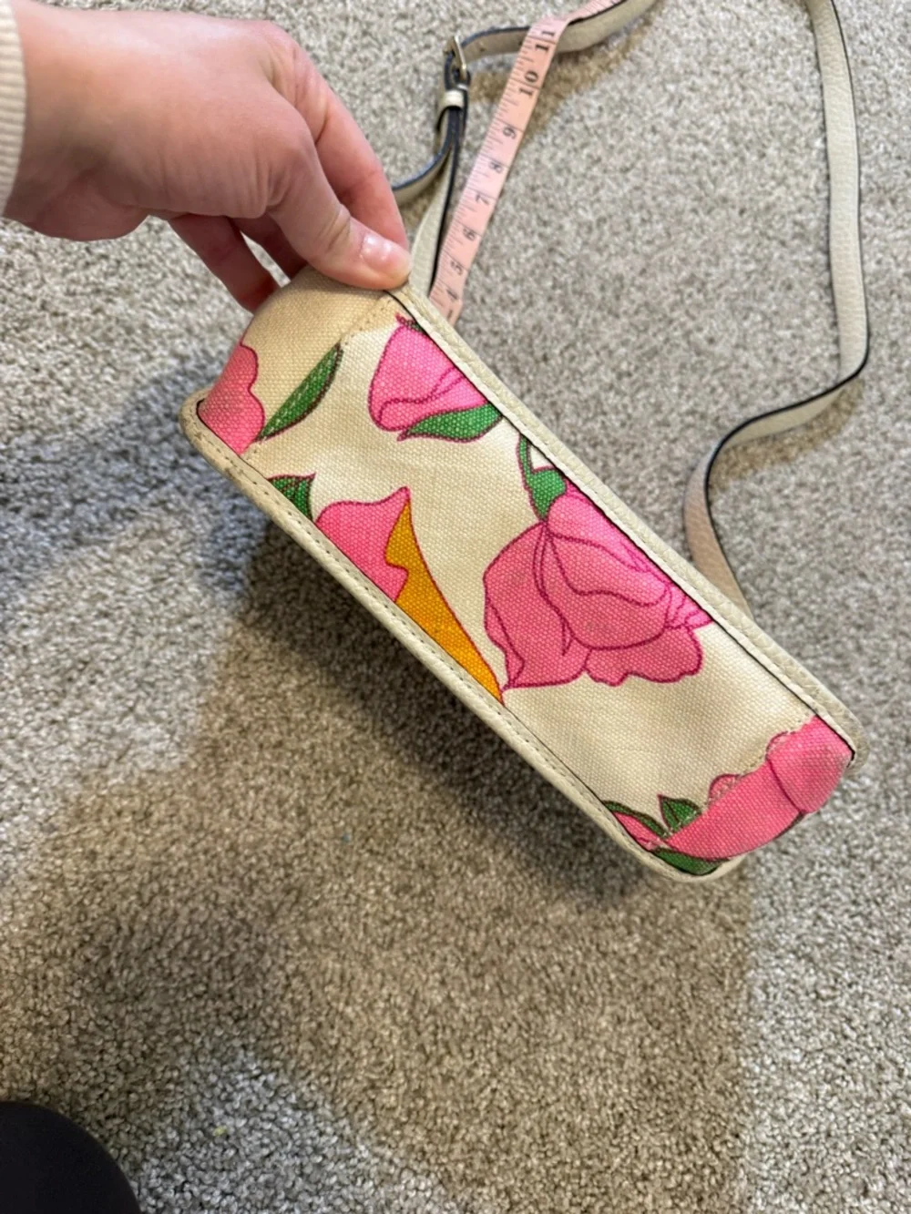 Kate Spade Cream Pink Floral Canvas Woven Leather Crossbody‎ Bag Purse Summer